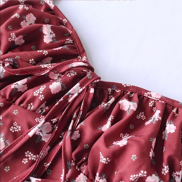 Red wine floral slit summer beach dress - Picture 10 of 15